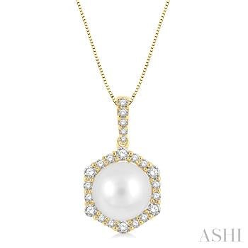 8X8MM Cultured Pearl and 1/3 Ctw Hexagon Shape Round Cut Diamond Pendant With Chain in 14K Yellow Gold