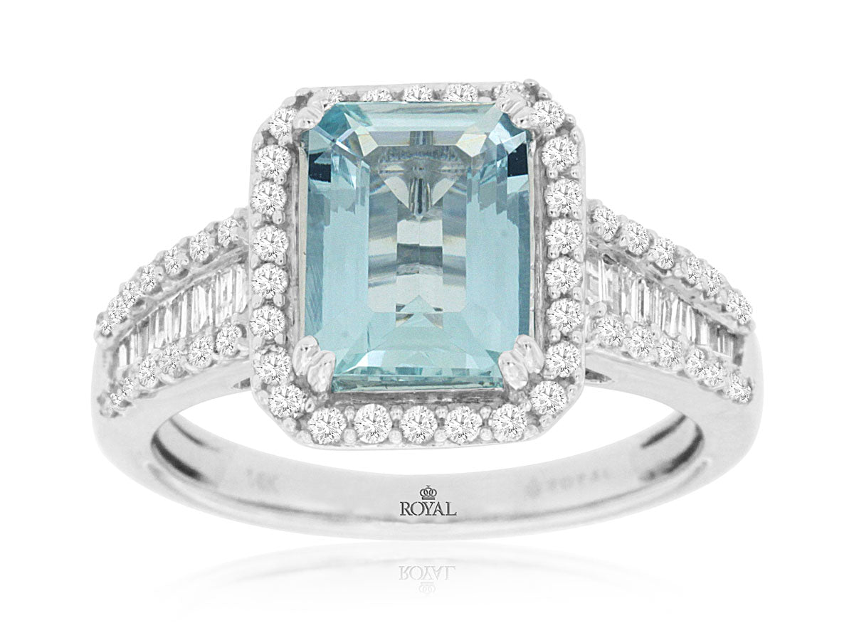 Emerald Cut Aquamarine Diamond Halo Ring