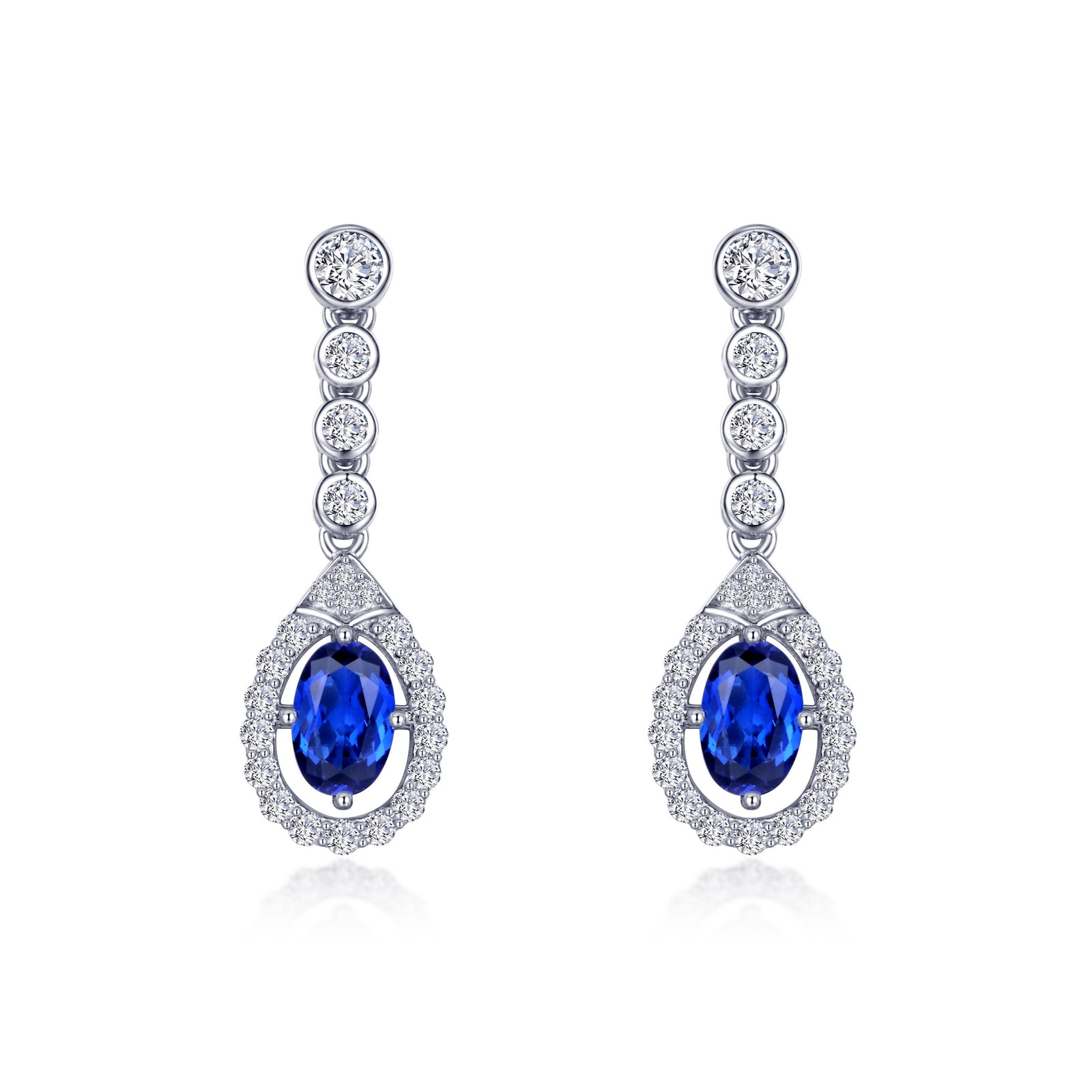 Sterling Silver, Platinum Plated Lab-Grown Oval Blue Sapphire Halo Drop Earrings