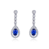 Sterling Silver, Platinum Plated Lab-Grown Oval Blue Sapphire Halo Drop Earrings