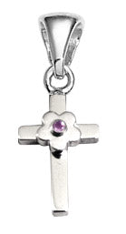 Children's Silver Cross Necklace with Pink Sapphire Flower Accent