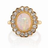 Antique Opal & Hand-Cut Diamond Halo Ring