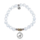 White Cats Eye Gemstone Bracelet with White Cardinal CZ Sterling Silver Charm