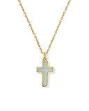 Kendra Scott Cross Gold Pendant Necklace in Matte Blue Dichroic Glass
