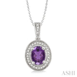 Oval Shape Silver Amethyst & Diamond Pendant