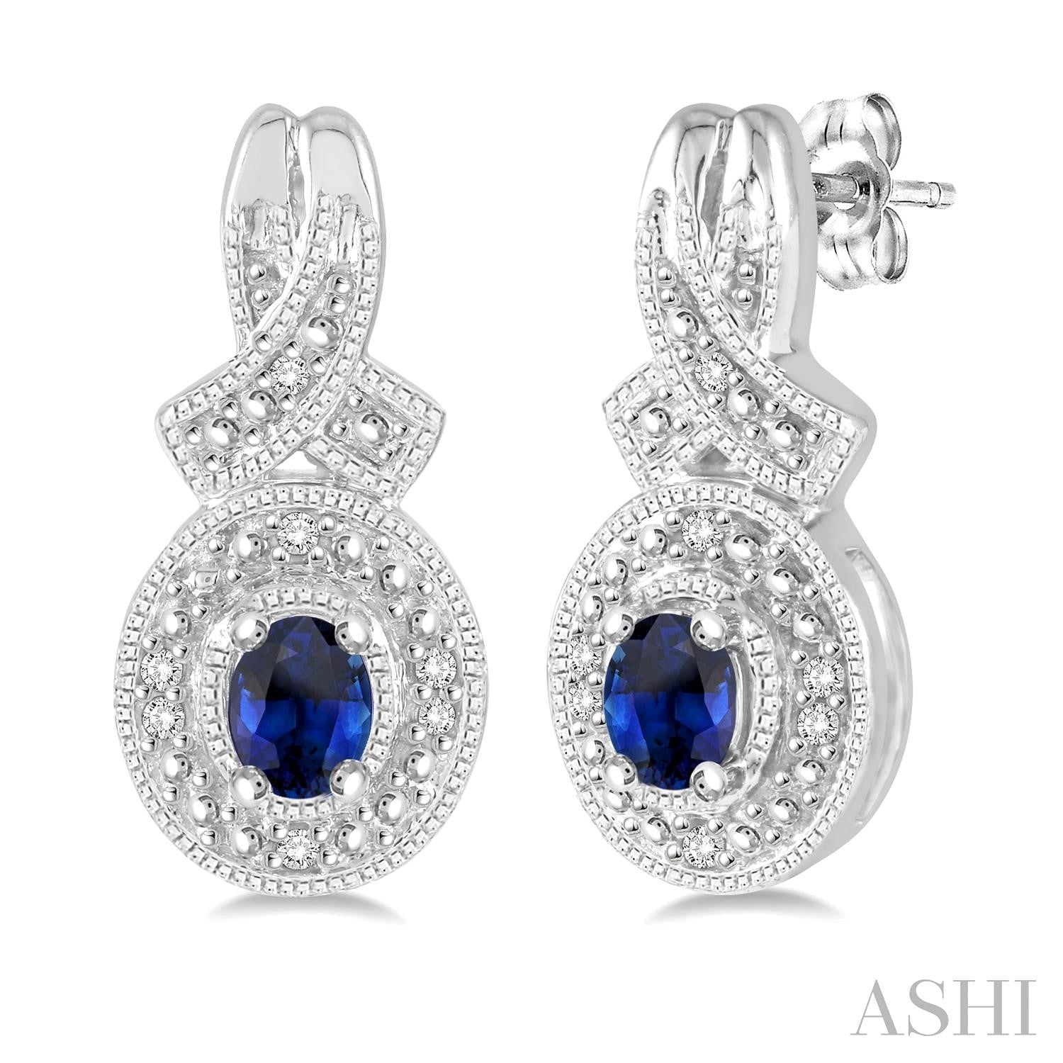Oval Shape Silver Sapphire & Diamond Earrings