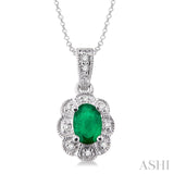 Sterling Silver Oval Shape Emerald & Halo Diamond Pendant