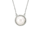 Sterling Silver Button Pearl Pendant with Beaded Halo