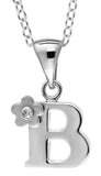 Children's Silver Letter B Initial Pendant With Diamond Flower Accent