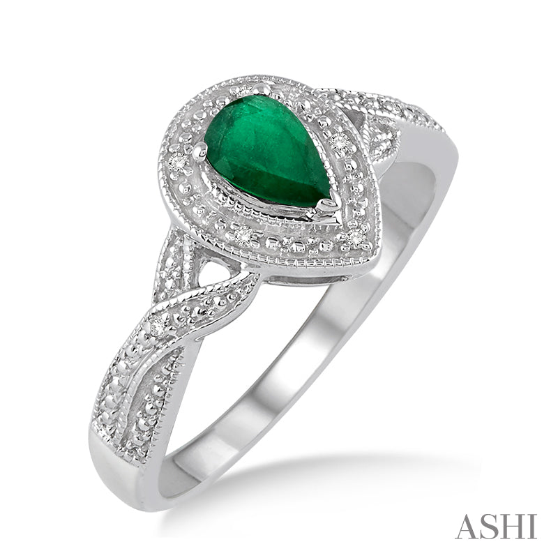 Silver Pear Shape Emerald & Diamond Ring