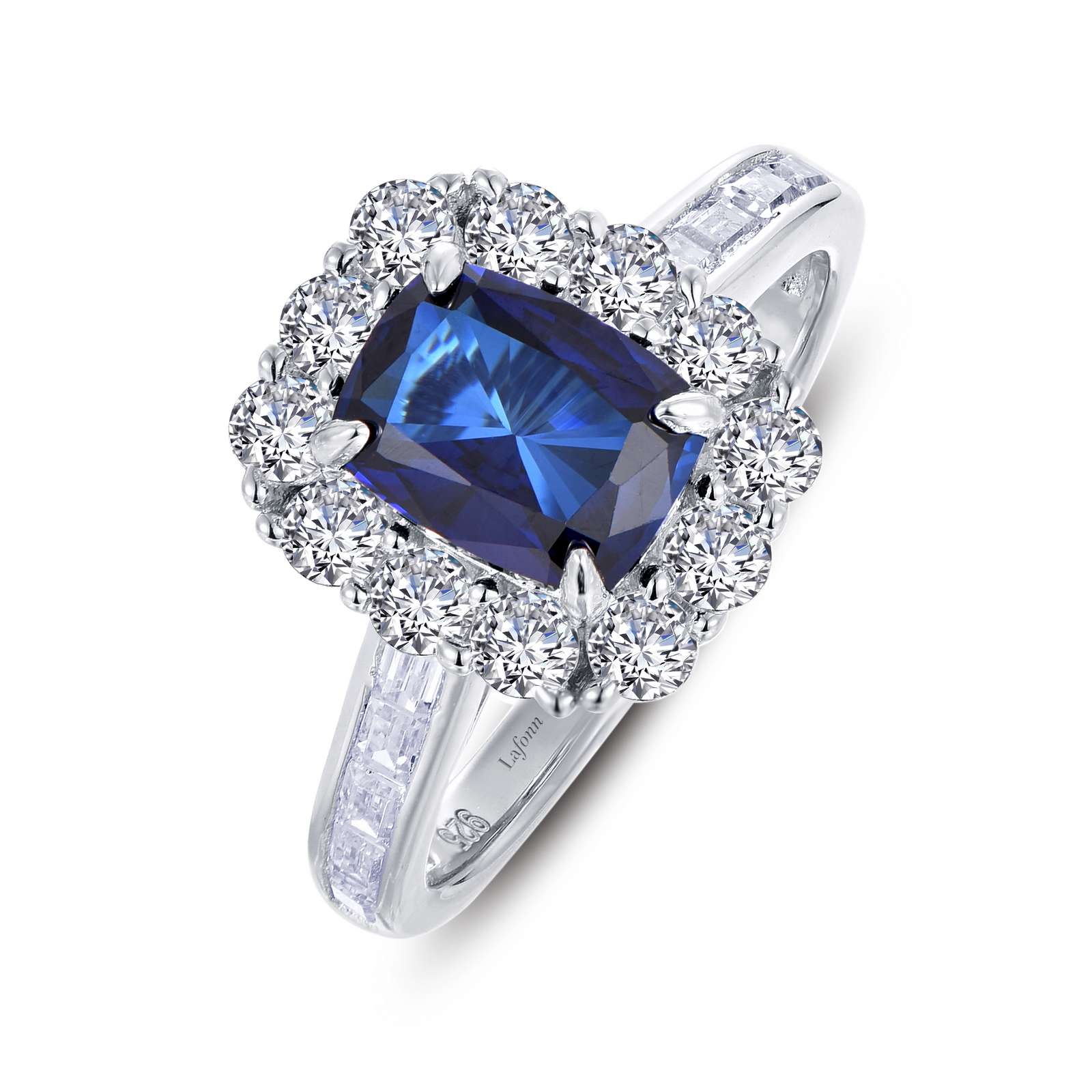 SS Cushion Cut Lab Grown 1.96ct Sapphire Ring with Round Simulated Diamond Accents & Platinum Bonding