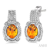 8x6 MM Oval Cut Citrine and 1/20 ctw Single Cut Diamond Earrings in Sterling Silver