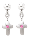 Children's Silver Dangle Cross Earrings with Pink Sapphire