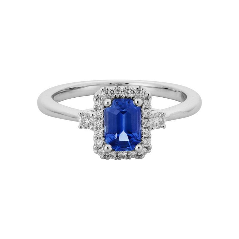 14k White Gold Antique Cushion Blue Sapphire Ring with .17ctw Round Diamond Halo