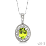 Silver Oval Shape Peridot & Halo Diamond Pendant