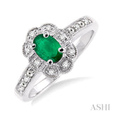 Sterling Silver Oval Shape Emerald & Diamond Ring