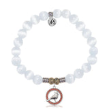 White Cats Eye Gemstone Bracelet with Garnet Cardinal CZ Sterling Silver Charm