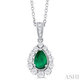 1/4 ctw Pear Cut 6X4MM Emerald and Round Cut Diamond Precious Pendant With Chain in 14K White Gold