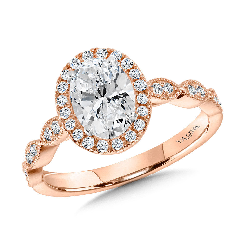 Rose Gold Scalloped & Milgrain Beaded Oval Halo Semi Mount Engagement Ring