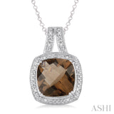 10x10 MM Cushion Shape Smoky Quartz and 1/20 ctw Single Cut Diamond Pendant in Sterling Silver with Chain