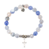 Blue Sparkle Agate Gemstone Bracelet with Cross CZ Sterling Silver Charm