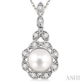 6.5 MM Cultured Pearl and 1/10 Ctw Single Cut Diamond Pendant in 14K White Gold with Chain
