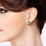 4x3 MM Oval Shaped Emerald and 1/10 Ctw Round Cut Diamond Earrings in 14K Yellow Gold