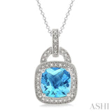 10X10 MM Cushion Shape Blue Topaz and 1/20 Ctw Round Cut Diamond Pendant in Sterling Silver with Chain