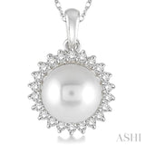 8x8 MM Round Shape Cultured Pearl and 1/5 Ctw Round Cut Diamond Pendant in 14K White Gold with Chain