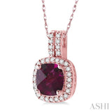 7x7 MM Cushion Shape Rhodolite Garnet and 1/5 Ctw Round Cut Diamond Pendant in 14K Rose Gold with Chain