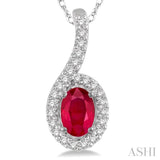 6X4 MM Oval Shape Ruby and 1/8 Ctw Round Cut Diamond Precious Pendant With Chain in 10K White Gold