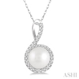 7x7 MM Round Shape Center Cultured Pearl and 1/10 Ctw Round Cut Diamond Pendant With Chain in 10K White Gold