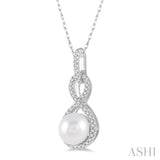 7x7 MM Round Shape Cultured Pearl and 1/6 Ctw Twisted Loop Round Cut Diamond Pendant With Chain in 10K White Gold