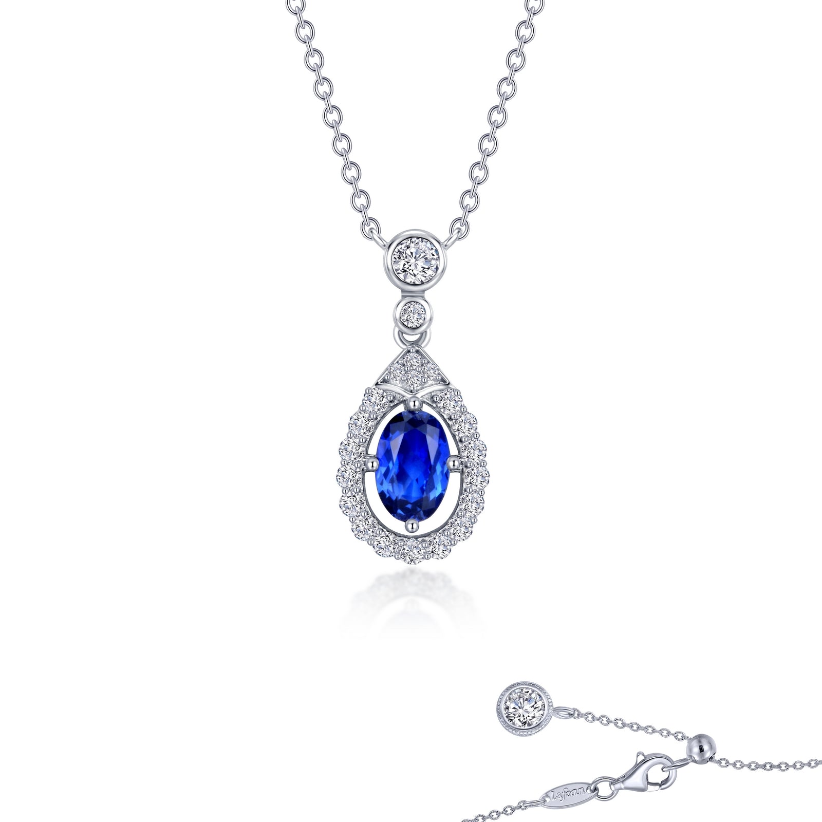 Sterling Silver, Platinum Plated Lab-Grown Oval Blue Sapphire Halo Drop Pendant