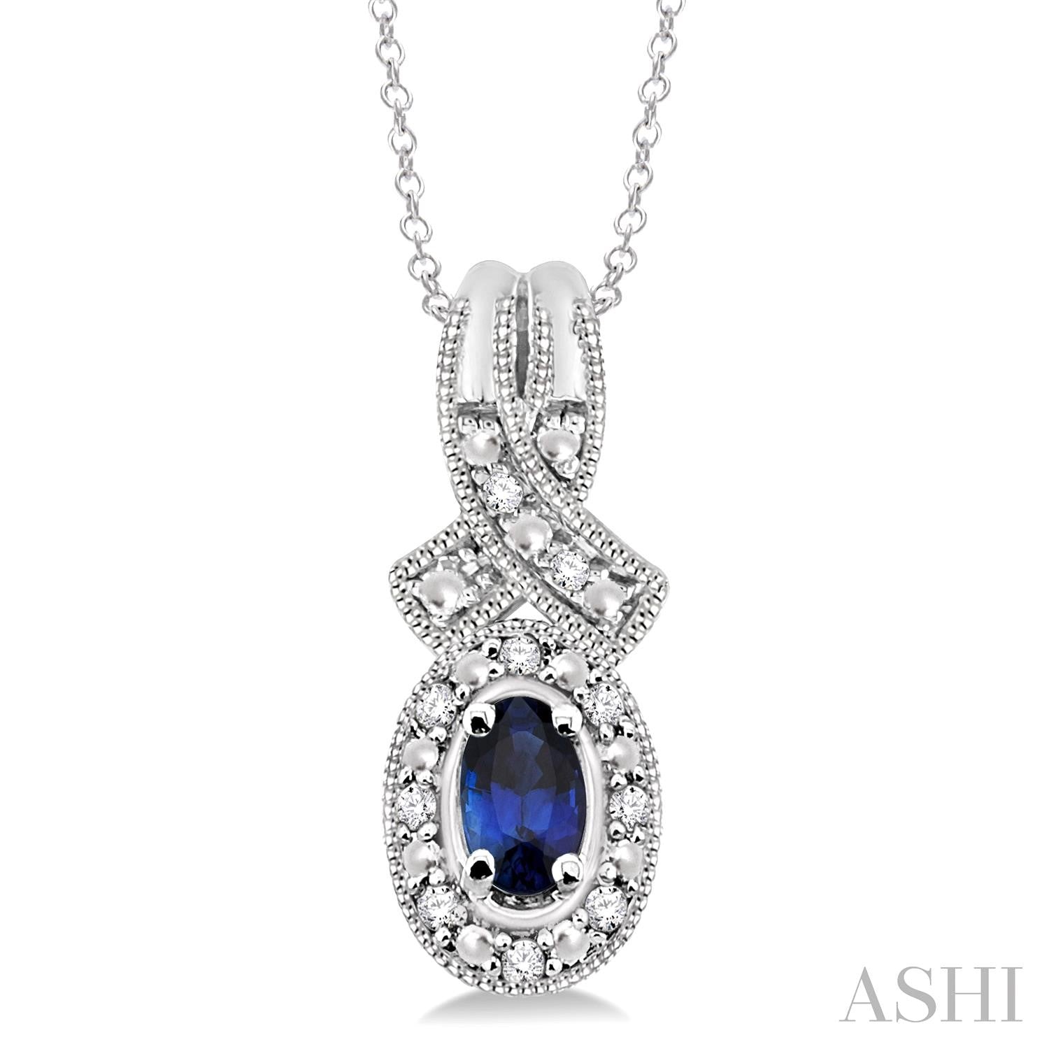 Oval Shape Silver Sapphire & Diamond Pendant