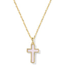 Kendra Scott Cross Gold Pendant Necklace in Matte Blush Pink Dichroic Glass