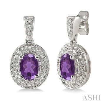 Oval Shape Silver Amethyst & Diamond Earrings
