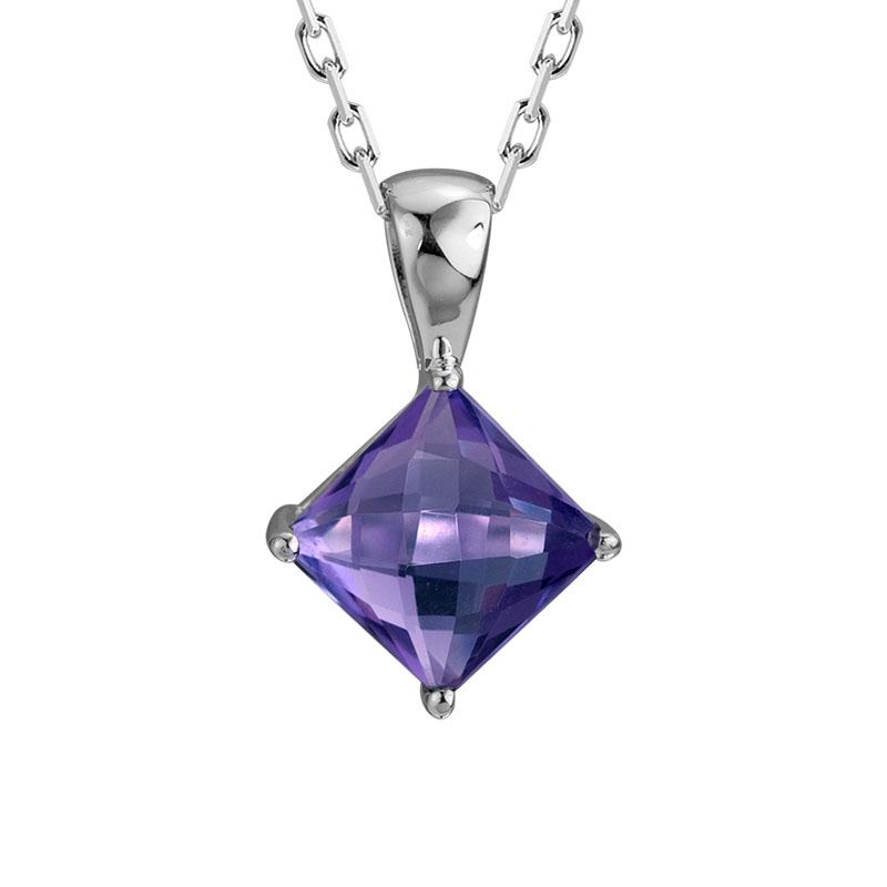Sterling Silver Cushion Shape Amethyst Pendant with Checkerboard Cut