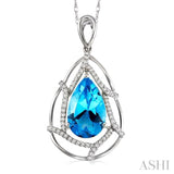 10x7 MM Pear Shape Blue Topaz and 1/5 Ctw Round Cut Diamond Semi-Precious Pendant in 14K White Gold with Chain