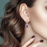 6x6 MM Cushion Checker Amethyst and 1/10 Ctw Single Cut Diamond Earrings in Sterling Silver