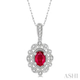 6x4 MM Oval Cut Ruby and 1/8 Ctw Lattice Round Cut Diamond Precious Pendant With Chain in 10K White Gold