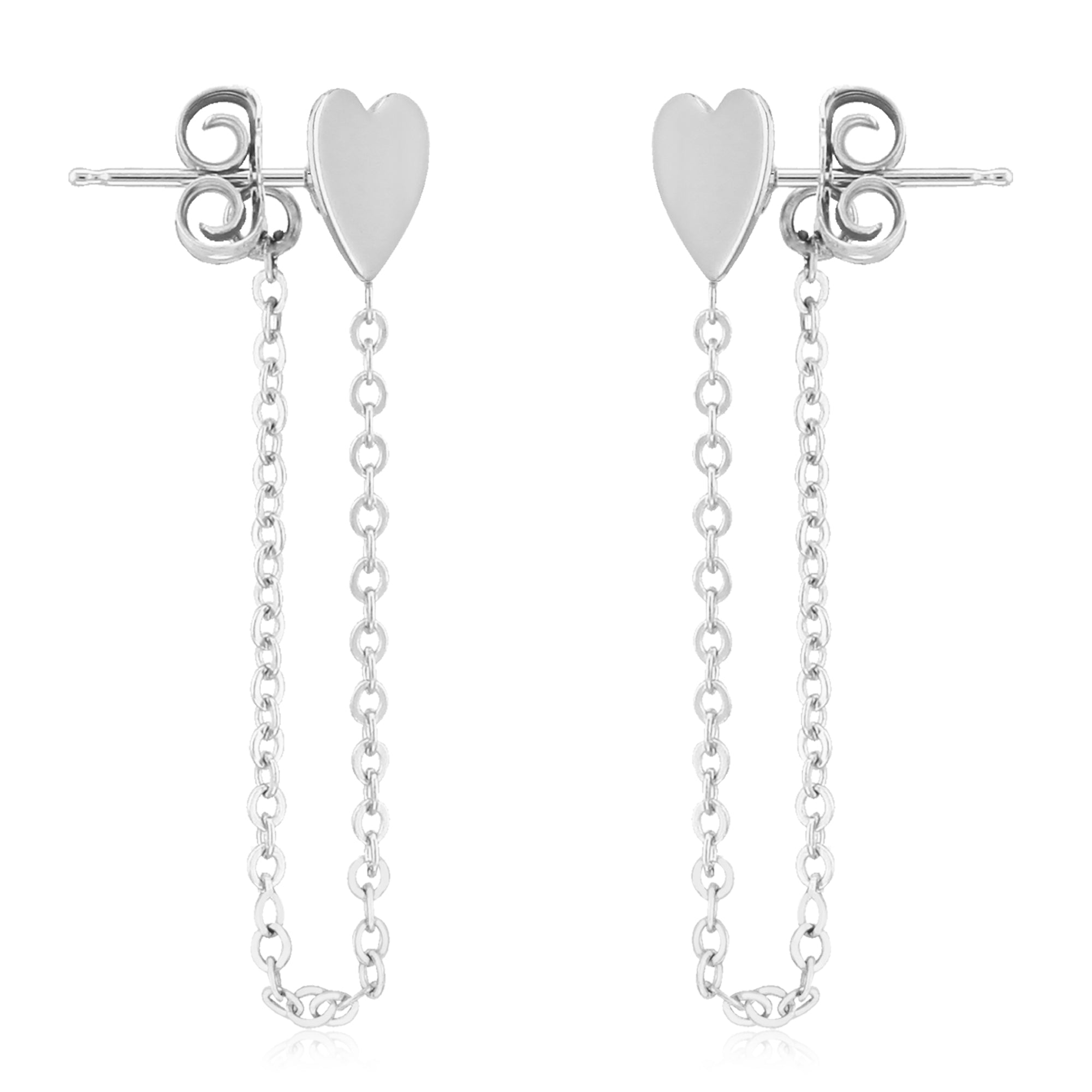 14k White Gold Heart Stud Earrings with Chain Drop
