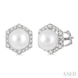 7 MM Cultured Pearls and 1/3 Ctw Hexagon Shape Round Cut Diamond Earrings in 14K White Gold