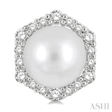 7 MM Cultured Pearls and 1/3 Ctw Hexagon Shape Round Cut Diamond Earrings in 14K White Gold