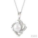 7x7 MM Round Shape Cultured Pearl and 1/50 Ctw Swirl Round Cut Diamond Pendant With Chain in Sterling Silver