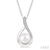 7x7 MM Drop Shape Cultured Pearl and 1/50 Ctw Round Cut Diamond Pendant With Chain in Sterling Silver