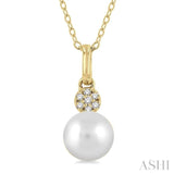 6 MM Round Shape Cultured Pearl and 1/50 Ctw Round Cut Diamond Petite Fashion Pendant With Chain in 10K Yellow Gold