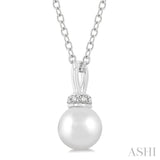 6 MM Round Shape Cultured Pearl and 1/20 Ctw Petite Round Cut Diamond Crown Fashion Pendant With Chain in 10K White Gold