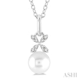 6 MM Round Shape Cultured Pearl and 1/50 Ctw Petite Floral Round Cut Diamond Fashion Pendant With Chain in 10K White Gold