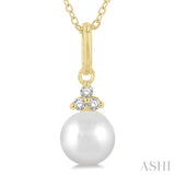 6 MM Round Shape Cultured Pearl and 1/50 Ctw Round Cut Diamond Petite Fashion Pendant With Chain in 10K Yellow Gold